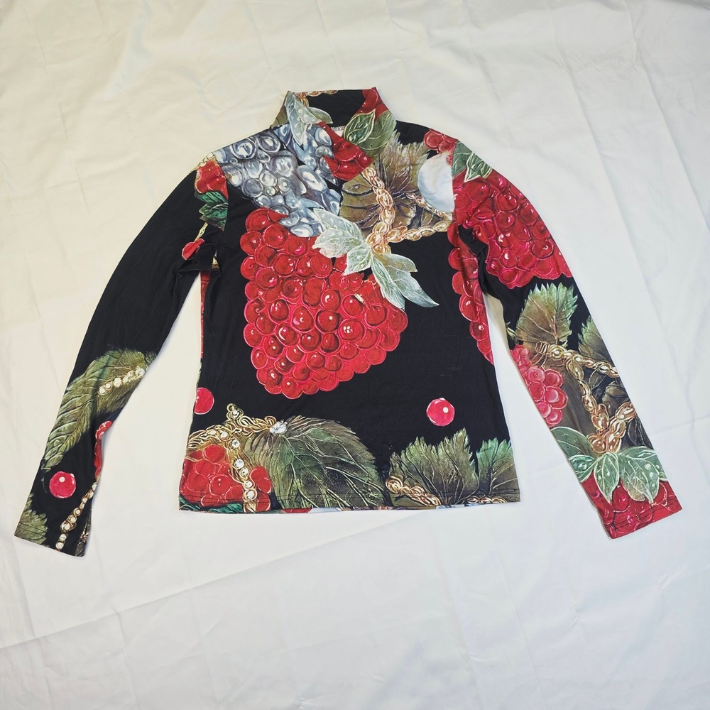 Women's Fruit Jewelry Print Mock Neck Top Size M Black Raspberry Chain